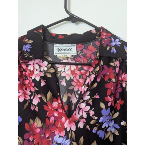 Teddi Of California Vintage Tunic Blouse Black Floral V-neck Size 38* Collared - Picture 5 of 11
